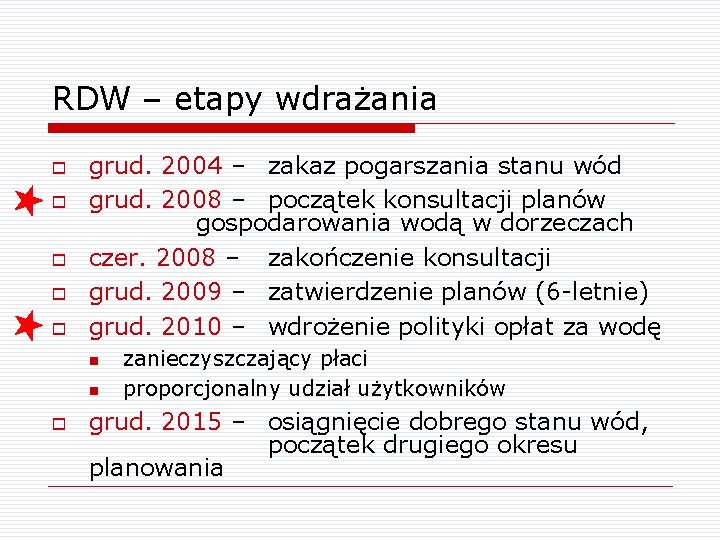 RDW – etapy wdrażania o o o grud. 2004 – zakaz pogarszania stanu wód