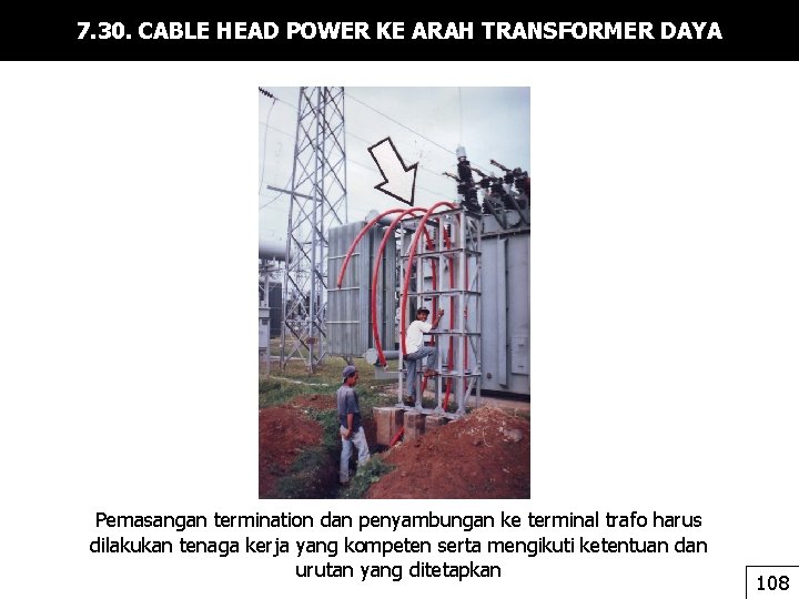 7. 30. CABLE HEAD POWER KE ARAH TRANSFORMER DAYA Pemasangan termination dan penyambungan ke