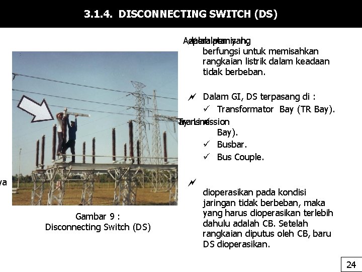 ya 3. 1. 4. DISCONNECTING SWITCH (DS) Adalah peralatan pemisah, yang berfungsi untuk memisahkan