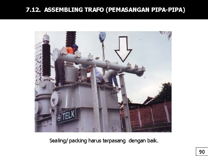 7. 12. ASSEMBLING TRAFO (PEMASANGAN PIPA-PIPA) Sealing/ packing harus terpasang dengan baik. 90 