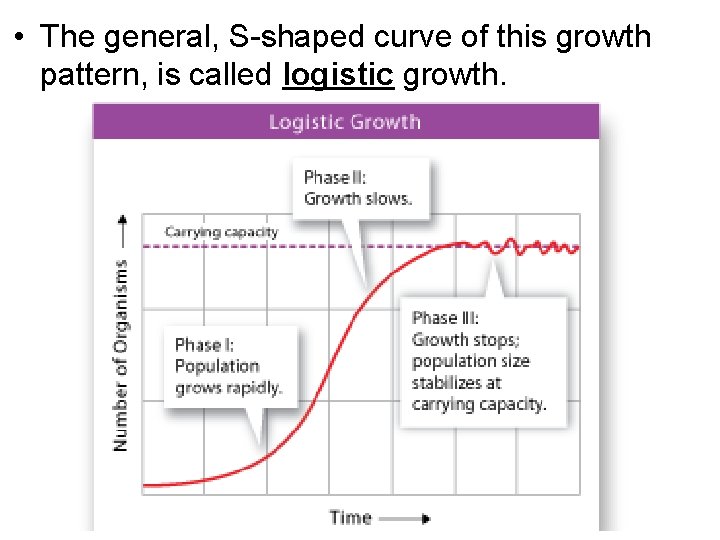 • The general, S-shaped curve of this growth pattern, is called logistic growth. • The general, S-shaped curve of this growth pattern, is called logistic growth.