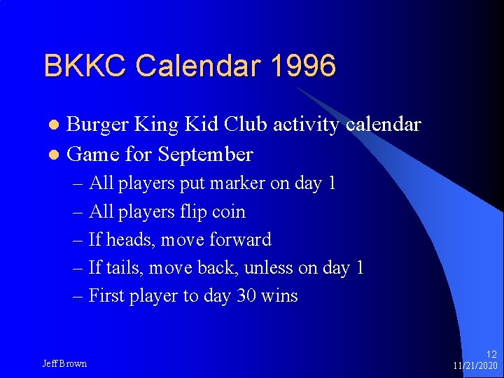 BKKC Calendar 1996 Burger King Kid Club activity calendar l Game for September l