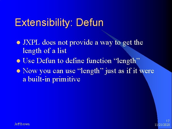 Extensibility: Defun JXPL does not provide a way to get the length of a