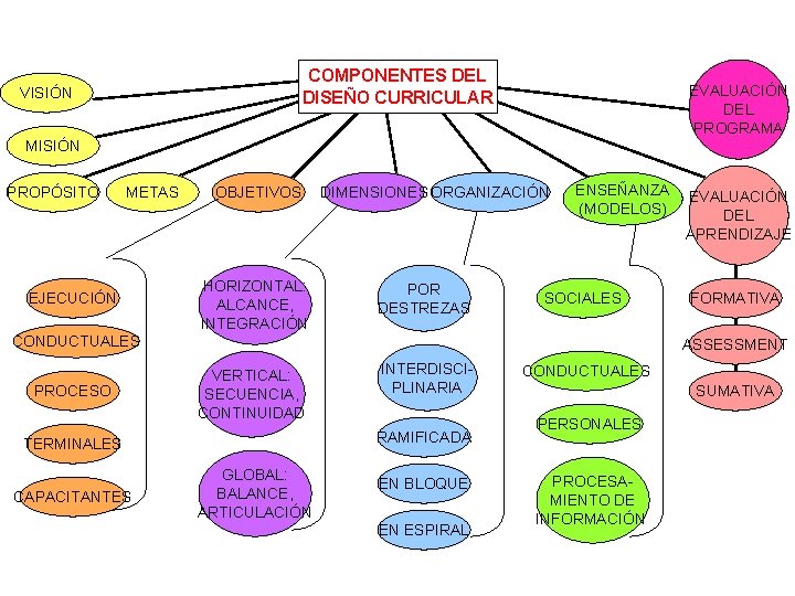 COMPONENTES DEL DISEÑO CURRICULAR VISIÓN EVALUACIÓN DEL PROGRAMA MISIÓN PROPÓSITO METAS EJECUCIÓN OBJETIVOS HORIZONTAL: