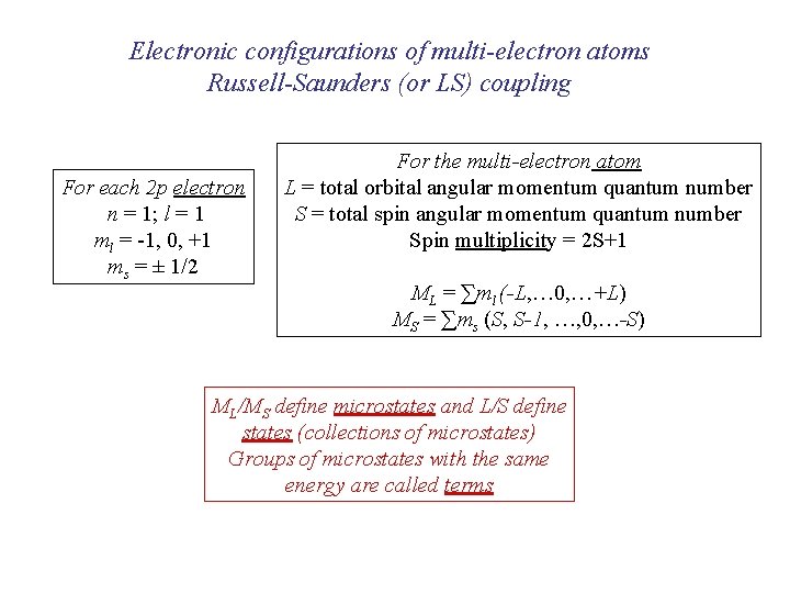 Electronic configurations of multi-electron atoms Russell-Saunders (or LS) coupling For each 2 p electron