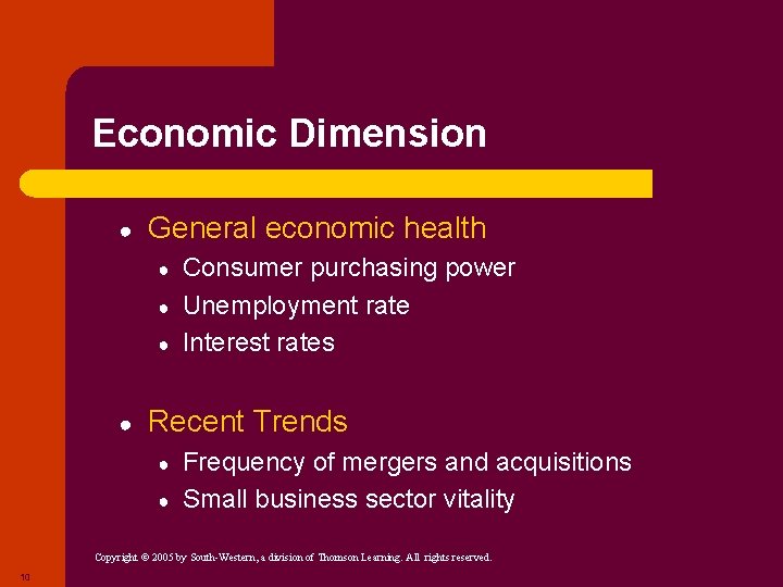 Economic Dimension ● General economic health ● ● Consumer purchasing power Unemployment rate Interest