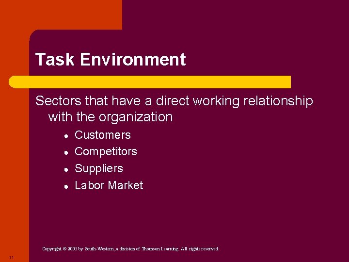 Task Environment Sectors that have a direct working relationship with the organization ● ●
