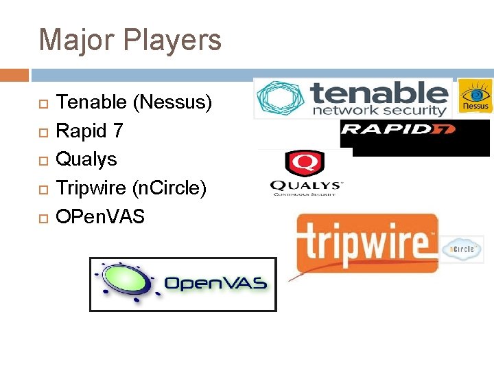 Major Players Tenable (Nessus) Rapid 7 Qualys Tripwire (n. Circle) OPen. VAS 