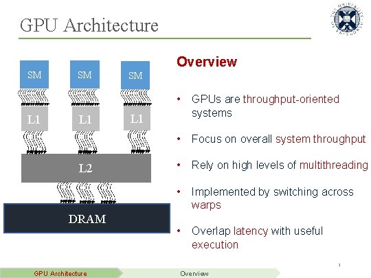 GPU Architecture Overview SM L 1 L 2 DRAM SM • GPUs are throughput-oriented