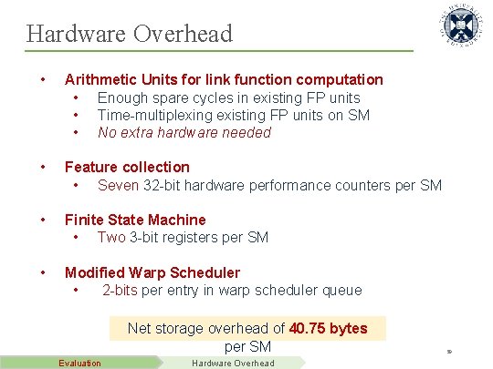 Hardware Overhead • Arithmetic Units for link function computation • Enough spare cycles in