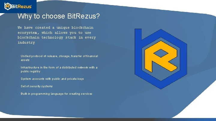 Why to choose Bit. Rezus? We have created a unique blockchain ecosystem, which allows