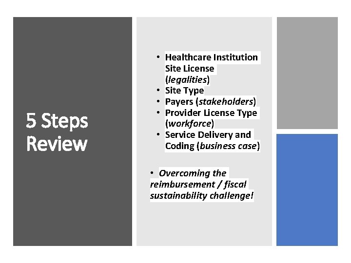 5 Steps Review • Healthcare Institution Site License (legalities) • Site Type • Payers