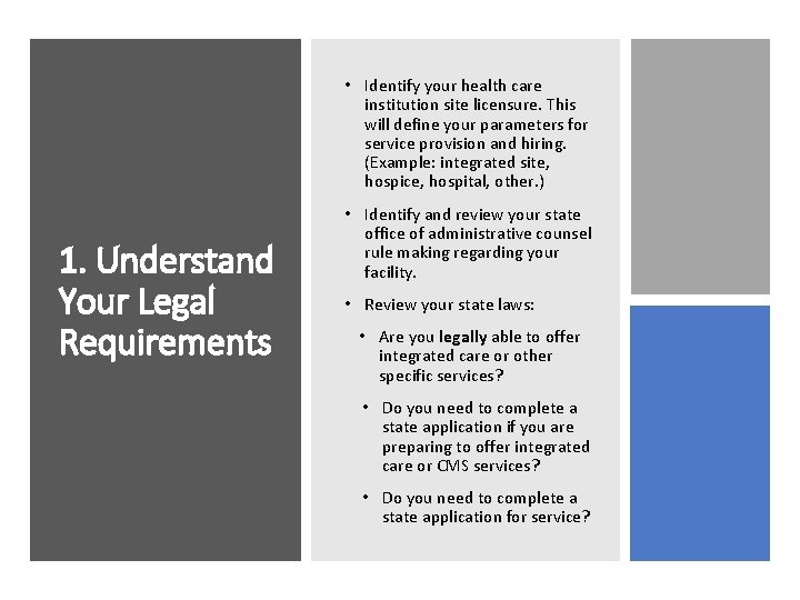  • Identify your health care institution site licensure. This will define your parameters