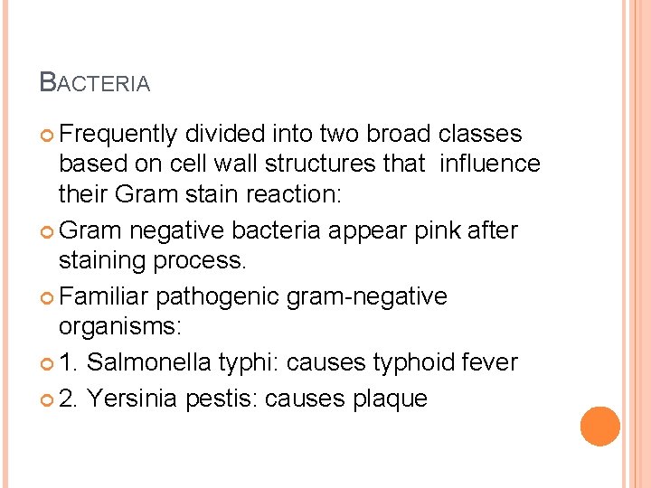 BACTERIA Frequently divided into two broad classes based on cell wall structures that influence