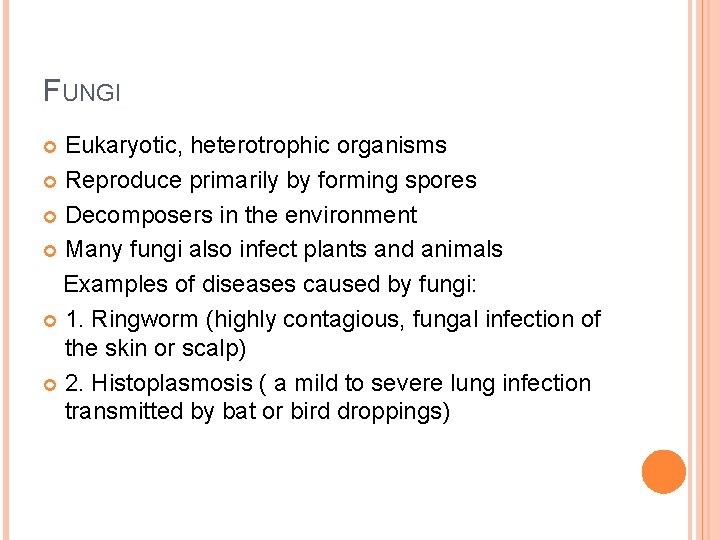 FUNGI Eukaryotic, heterotrophic organisms Reproduce primarily by forming spores Decomposers in the environment Many