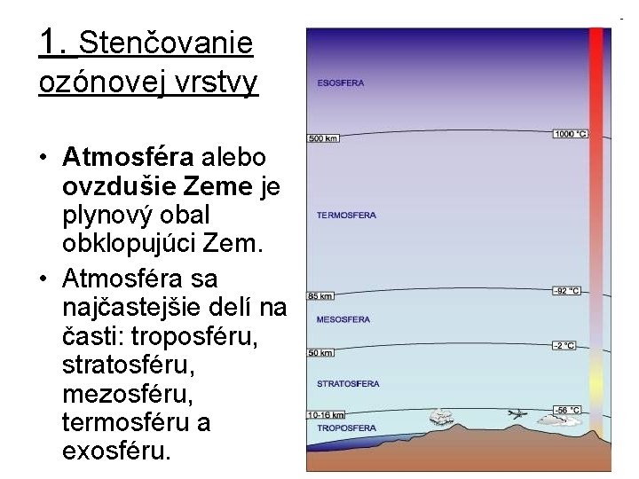 1. Stenčovanie ozónovej vrstvy • Atmosféra alebo ovzdušie Zeme je plynový obal obklopujúci Zem.