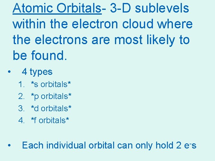Atomic Orbitals- 3 -D sublevels within the electron cloud where the electrons are most