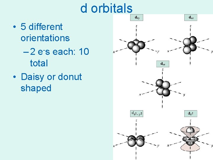 d orbitals • 5 different orientations – 2 e-s each: 10 total • Daisy