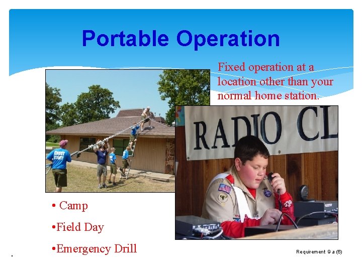 Portable Operation Fixed operation at a location other than your normal home station. •