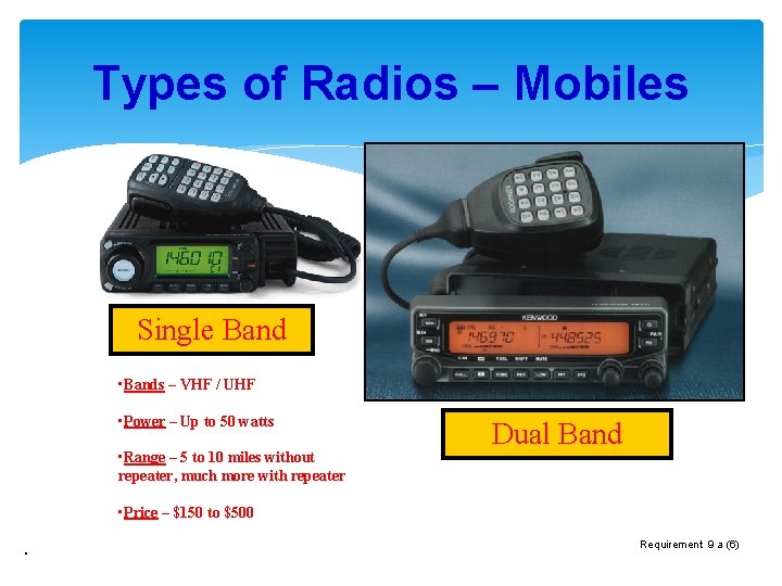 Types of Radios – Mobiles Single Band • Bands – VHF / UHF •