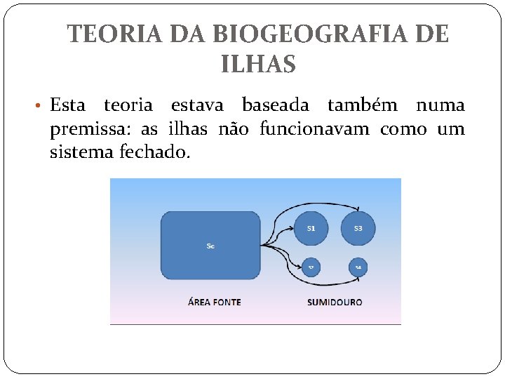 TEORIA DA BIOGEOGRAFIA DE ILHAS • Esta teoria estava baseada também numa premissa: as