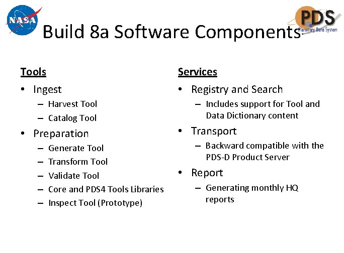 Build 8 a Software Components Tools • Ingest – Harvest Tool – Catalog Tool