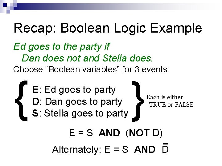 Recap: Boolean Logic Example Ed goes to the party if Dan does not and