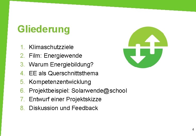 Gliederung 1. 2. 3. 4. 5. 6. 7. 8. Klimaschutzziele Film: Energiewende Warum Energiebildung?