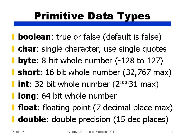 Primitive Data Types ▮ ▮ ▮ ▮ boolean: true or false (default is false)