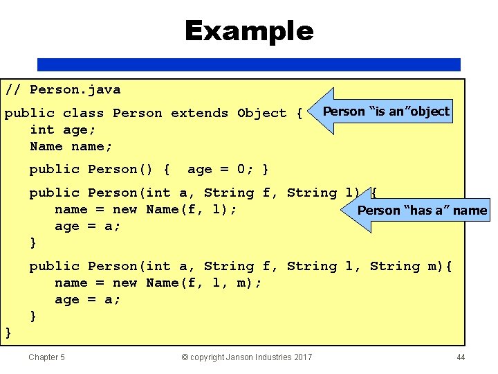 Example // Person. java public class Person extends Object { int age; Name name;