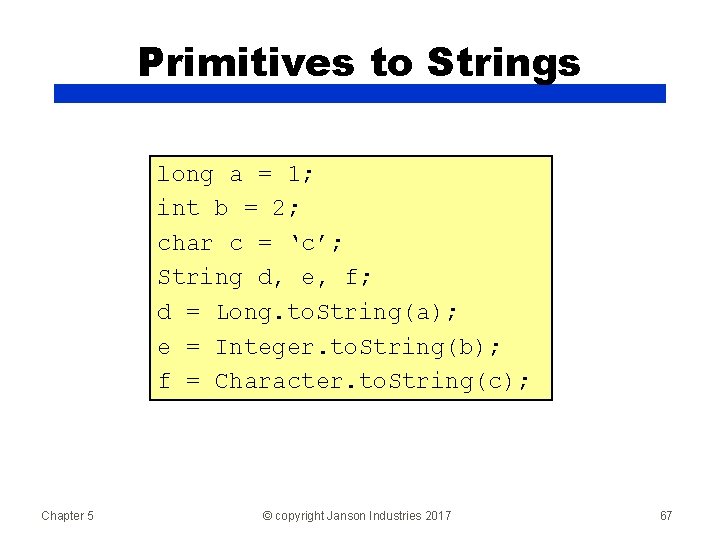 Primitives to Strings long a = 1; int b = 2; char c =