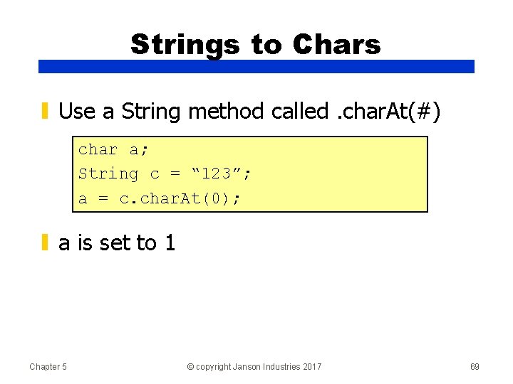 Strings to Chars ▮ Use a String method called. char. At(#) char a; String