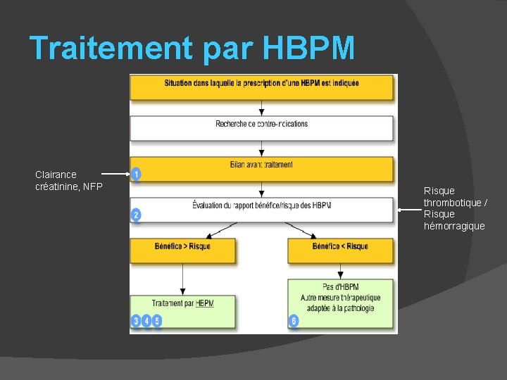 Traitement par HBPM Clairance créatinine, NFP Risque thrombotique / Risque hémorragique 