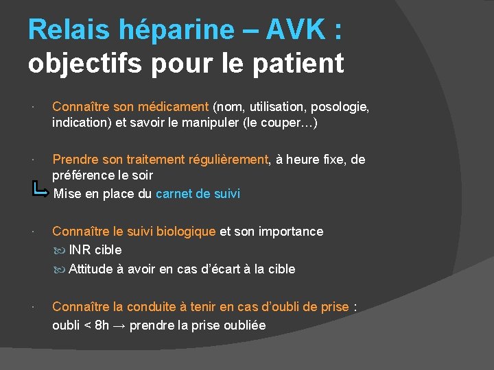 Relais héparine – AVK : objectifs pour le patient Connaître son médicament (nom, utilisation,