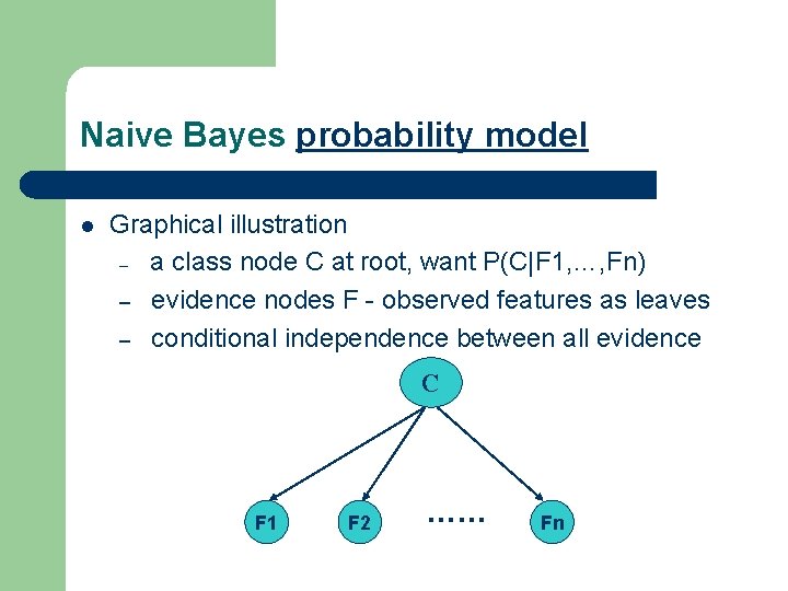 Naive Bayes probability model l Graphical illustration – a class node C at root,