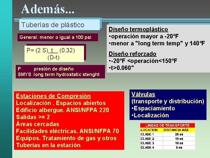 Además. . . Tuberías de plástico General: menor o igual a 100 psi P=