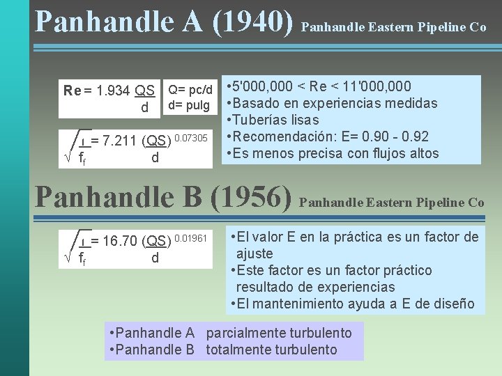 Panhandle A (1940) Panhandle Eastern Pipeline Co Re = 1. 934 QS Q= pc/d