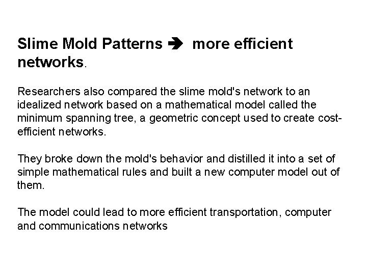 Slime Mold Patterns more efficient networks. Researchers also compared the slime mold's network to