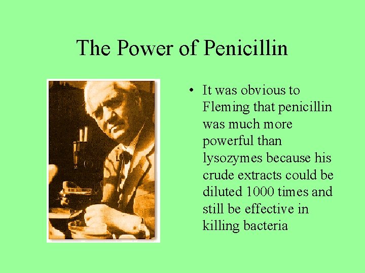 The Power of Penicillin • It was obvious to Fleming that penicillin was much