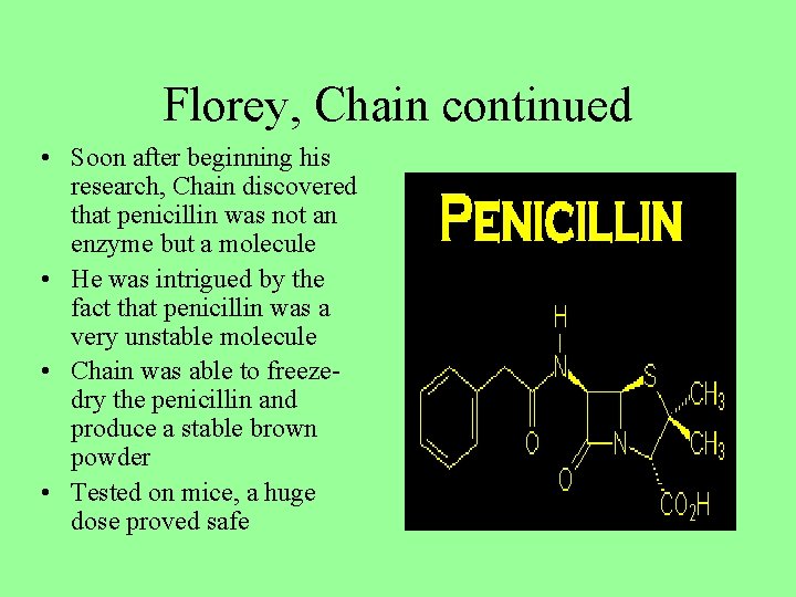 Florey, Chain continued • Soon after beginning his research, Chain discovered that penicillin was