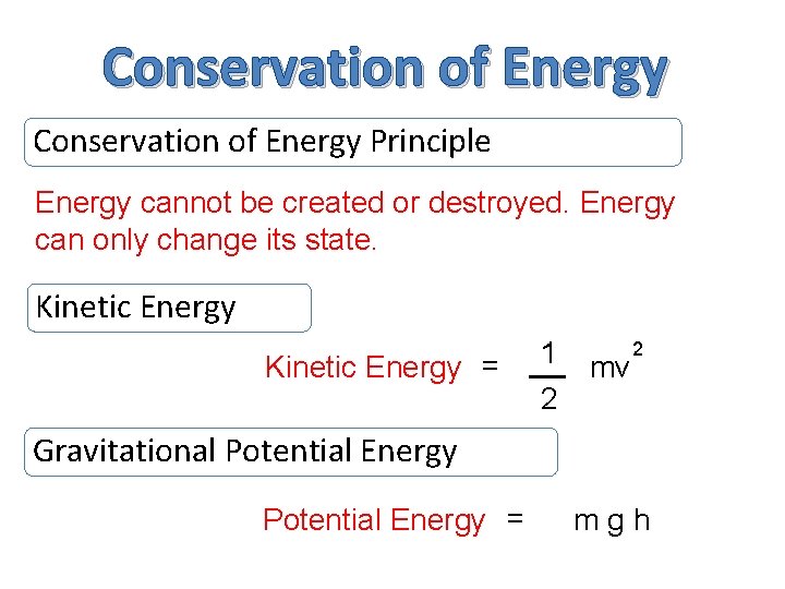 Conservation of Energy Principle Energy cannot be created or destroyed. Energy can only change