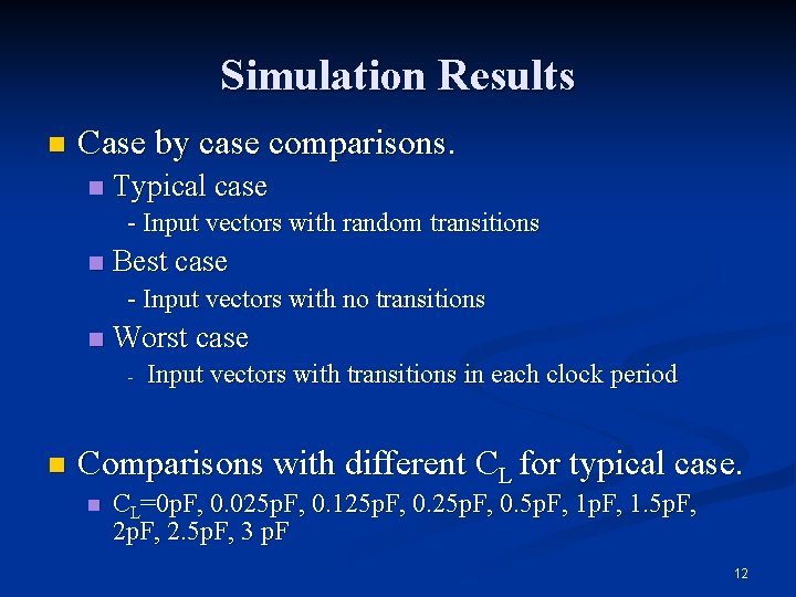 Simulation Results n Case by case comparisons. n Typical case - Input vectors with