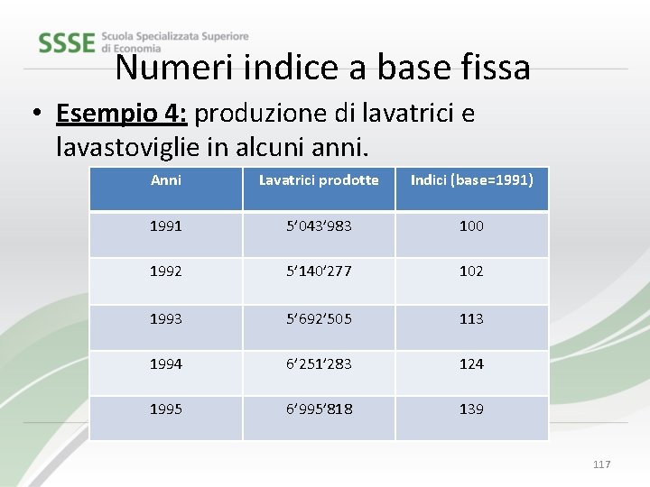 Numeri indice a base fissa • Esempio 4: produzione di lavatrici e lavastoviglie in