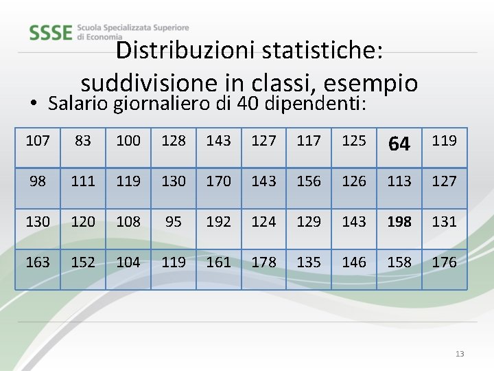 Distribuzioni statistiche: suddivisione in classi, esempio • Salario giornaliero di 40 dipendenti: 107 83