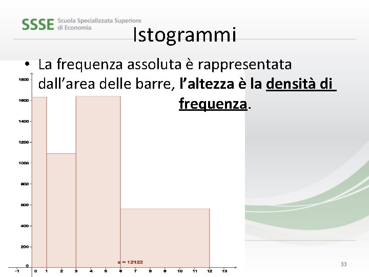 Istogrammi • La frequenza assoluta è rappresentata dall’area delle barre, l’altezza è la densità