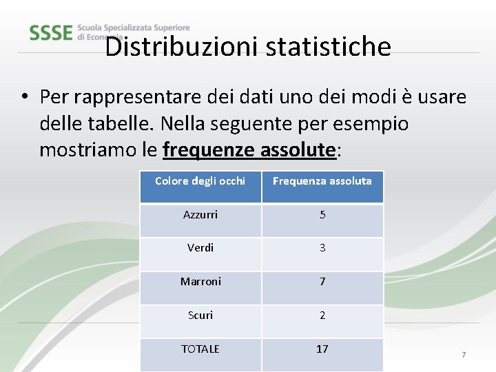 Distribuzioni statistiche • Per rappresentare dei dati uno dei modi è usare delle tabelle.