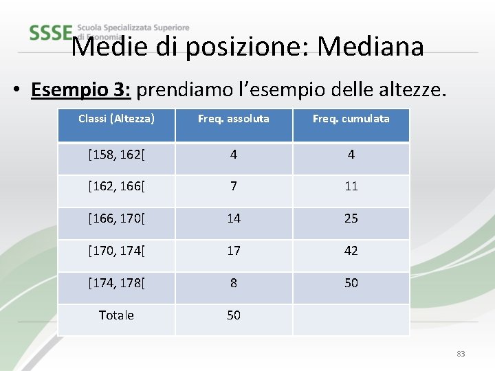 Medie di posizione: Mediana • Esempio 3: prendiamo l’esempio delle altezze. Classi (Altezza) Freq.