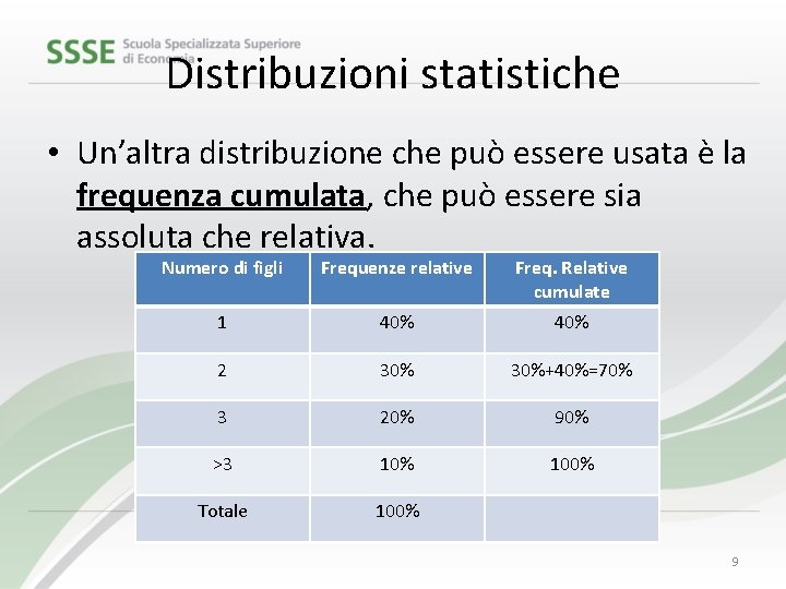 Distribuzioni statistiche • Un’altra distribuzione che può essere usata è la frequenza cumulata, che