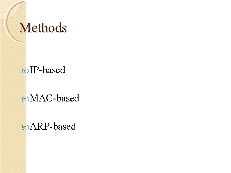 Methods IP-based MAC-based ARP-based 