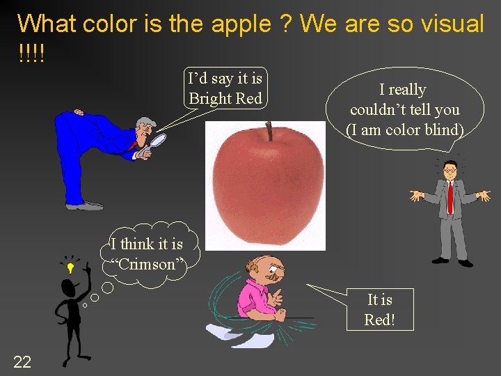 What color is the apple ? We are so visual !!!! I’d say it